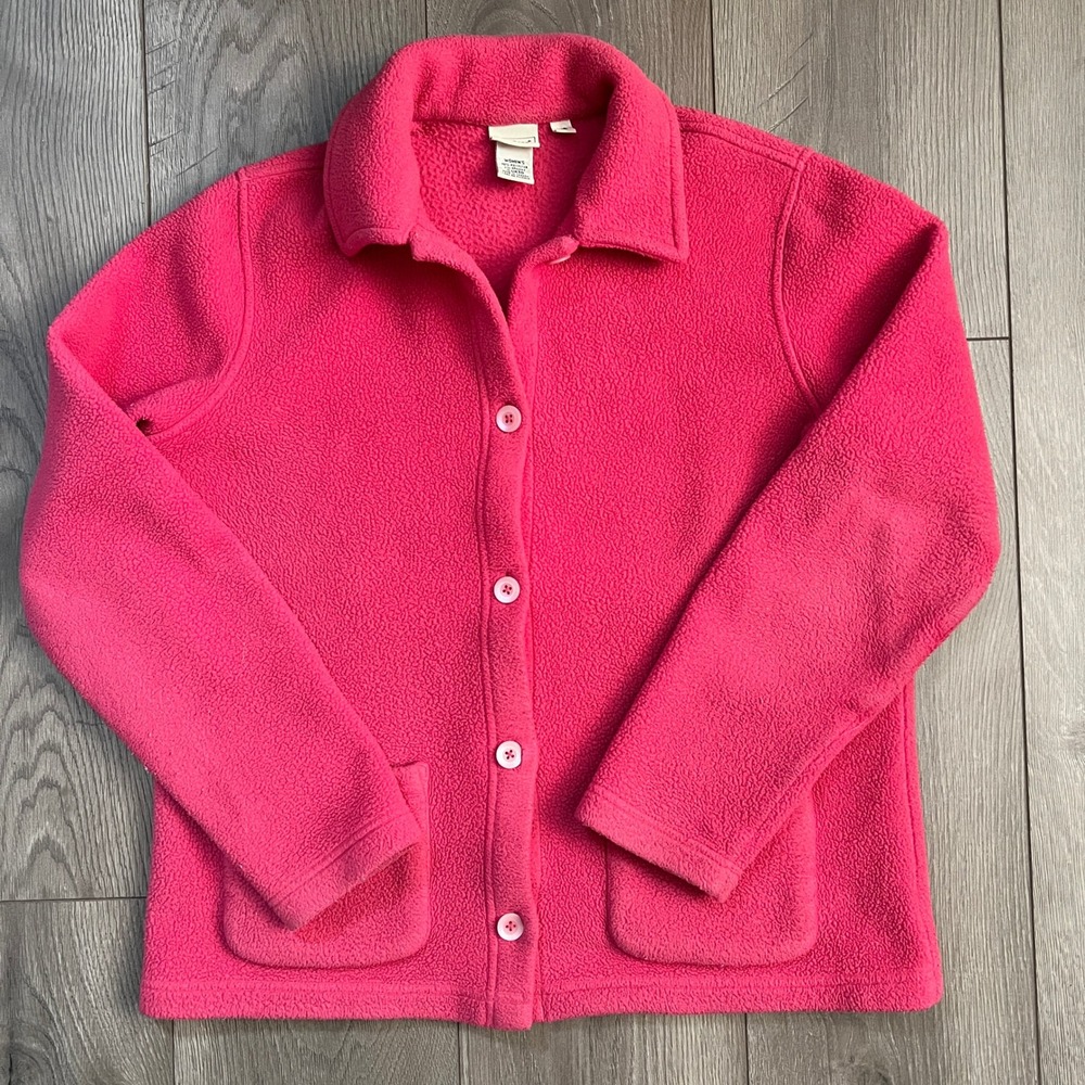 LL Bean Womens Hot Pink Fleece Button Front Jacket XS Regular Pockets Canada